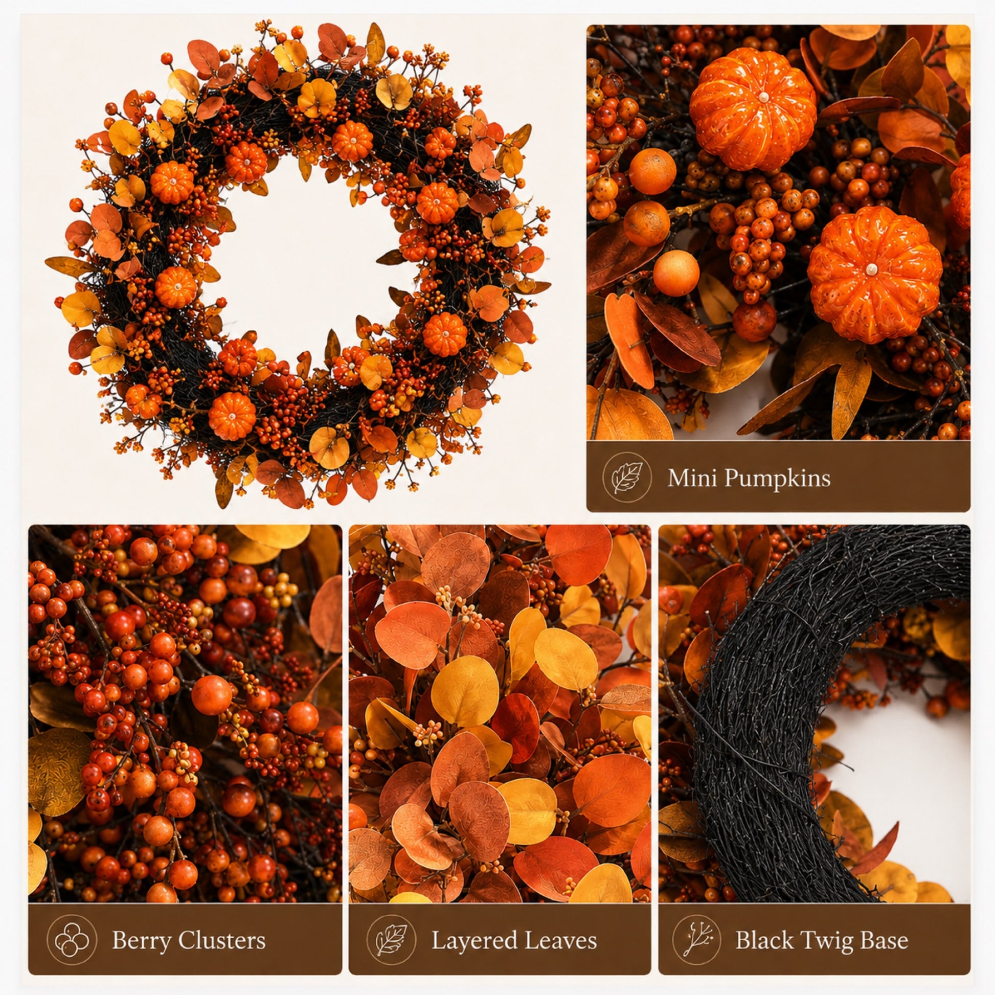 Artificial Pumpkin Orange Berry Fall Wreath — view 5
