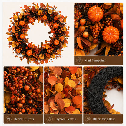 Artificial Pumpkin Orange Berry Fall Wreath — view 5