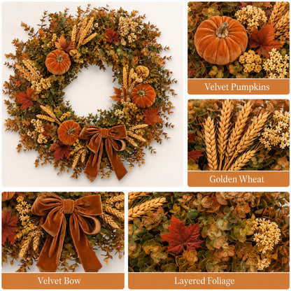 Artificial Pumpkin Velvet Bow Fall Wreath — view 2