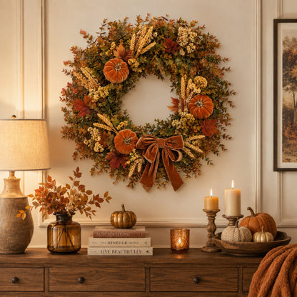 Artificial Pumpkin Velvet Bow Fall Wreath — view 3