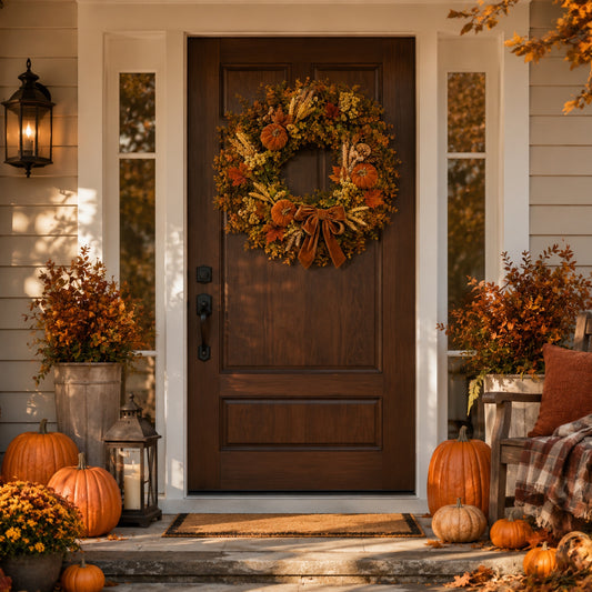 Artificial Pumpkin Velvet Bow Fall Wreath — view 4