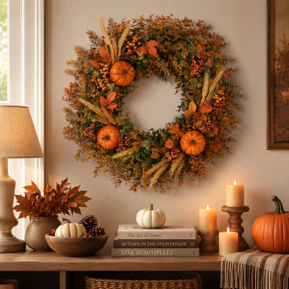Artificial Pumpkin & Wheat Fall Wreath — view 1