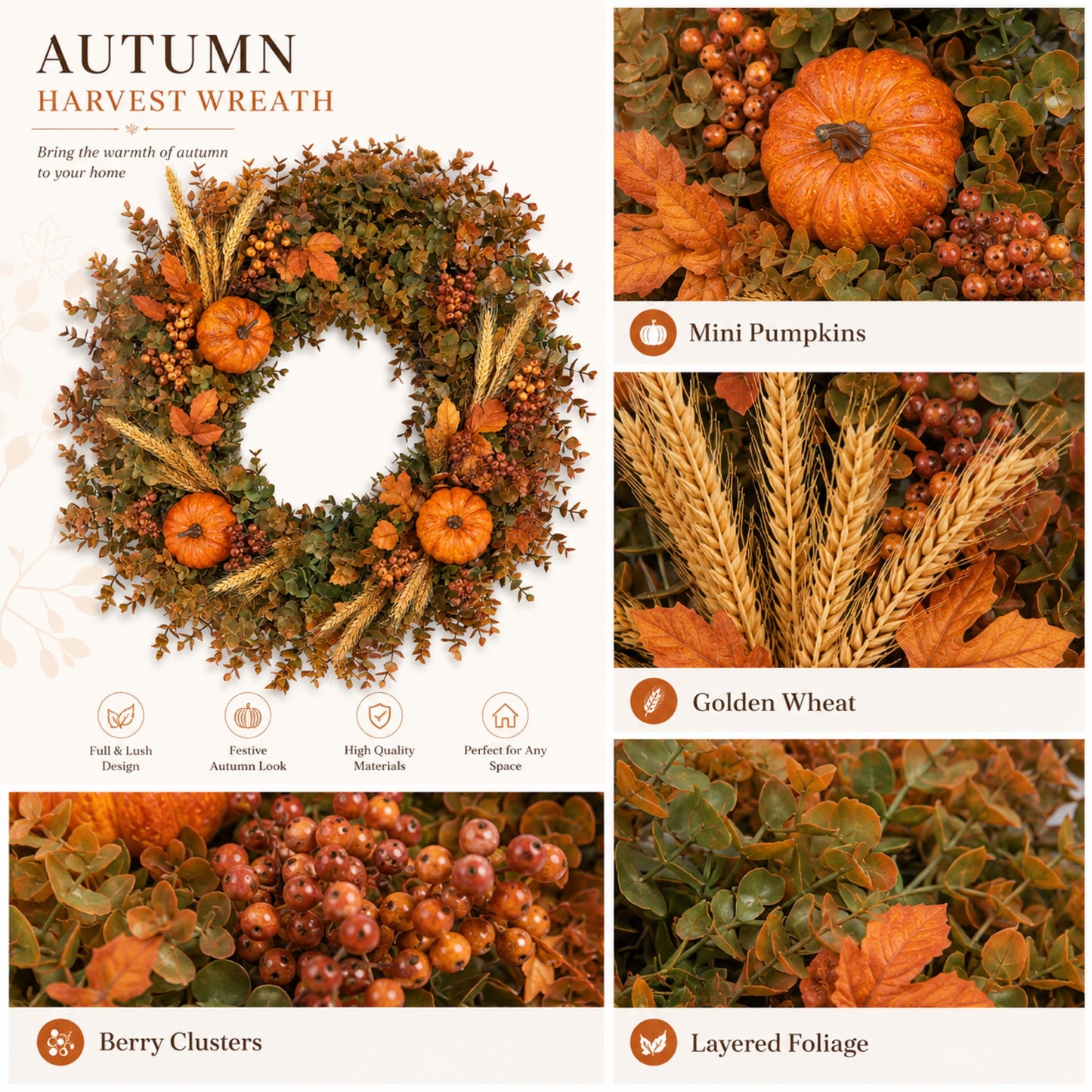 Artificial Pumpkin & Wheat Fall Wreath — view 2