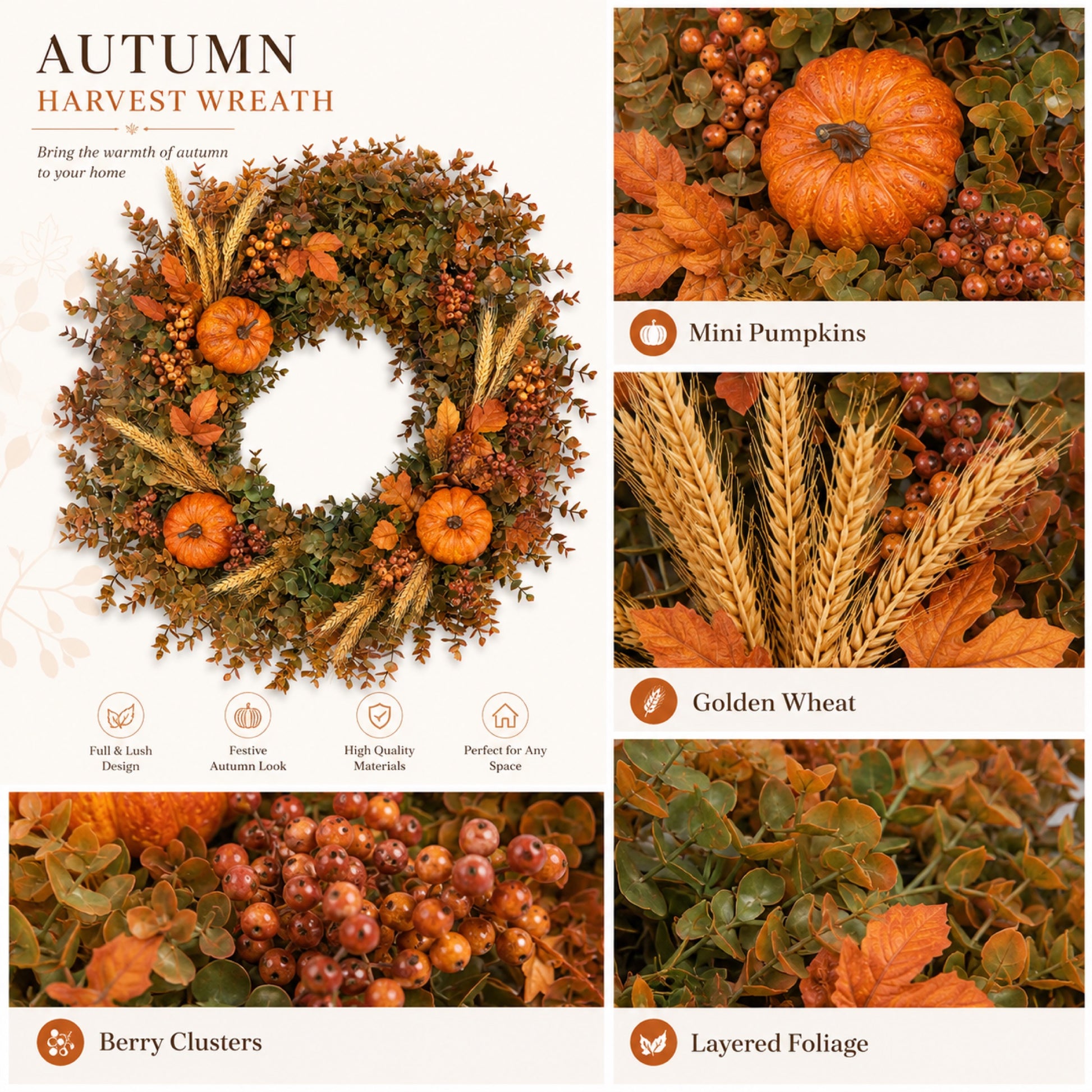 Artificial Pumpkin & Wheat Fall Wreath — view 2
