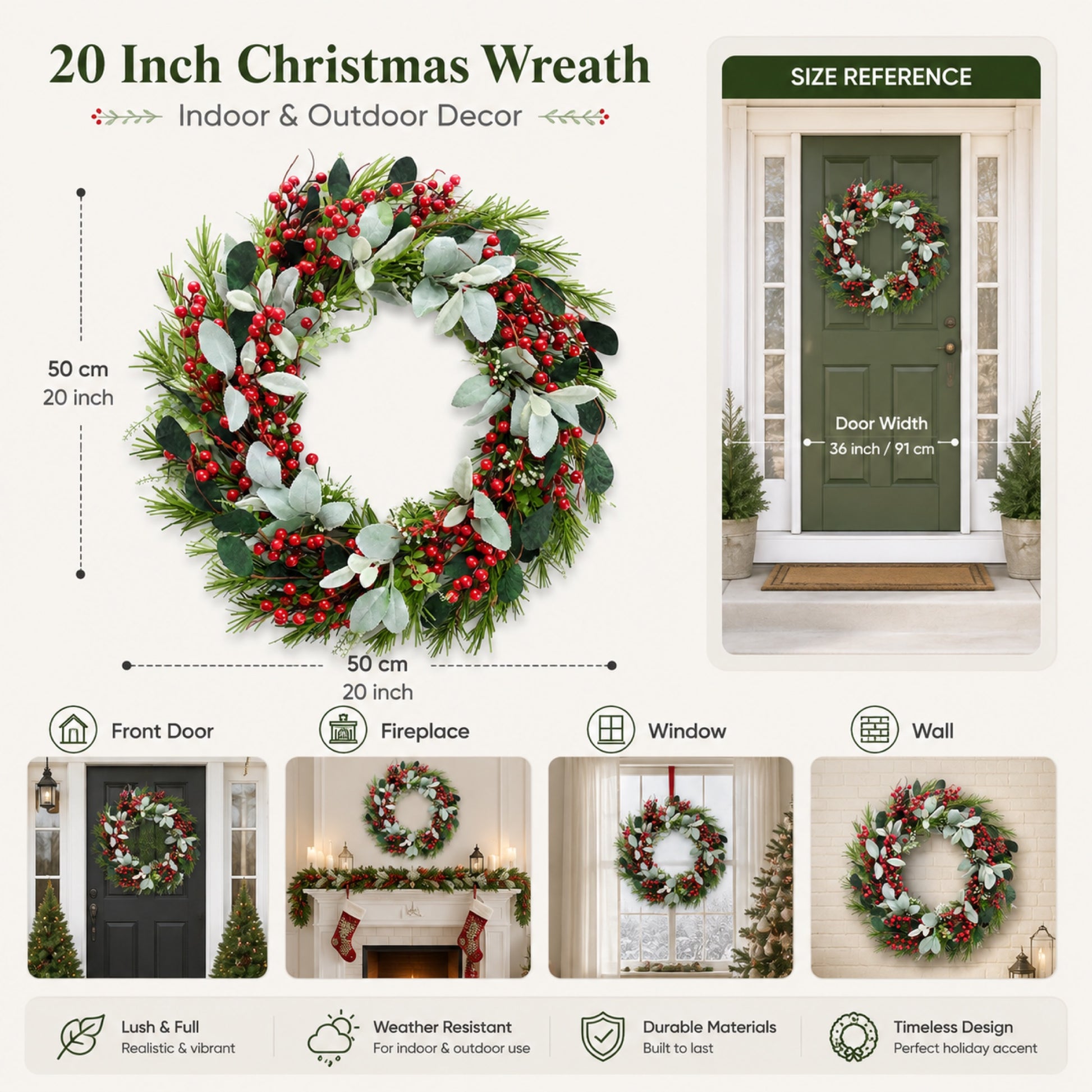 Artificial Red Berry Pine Christmas Wreath — view 4
