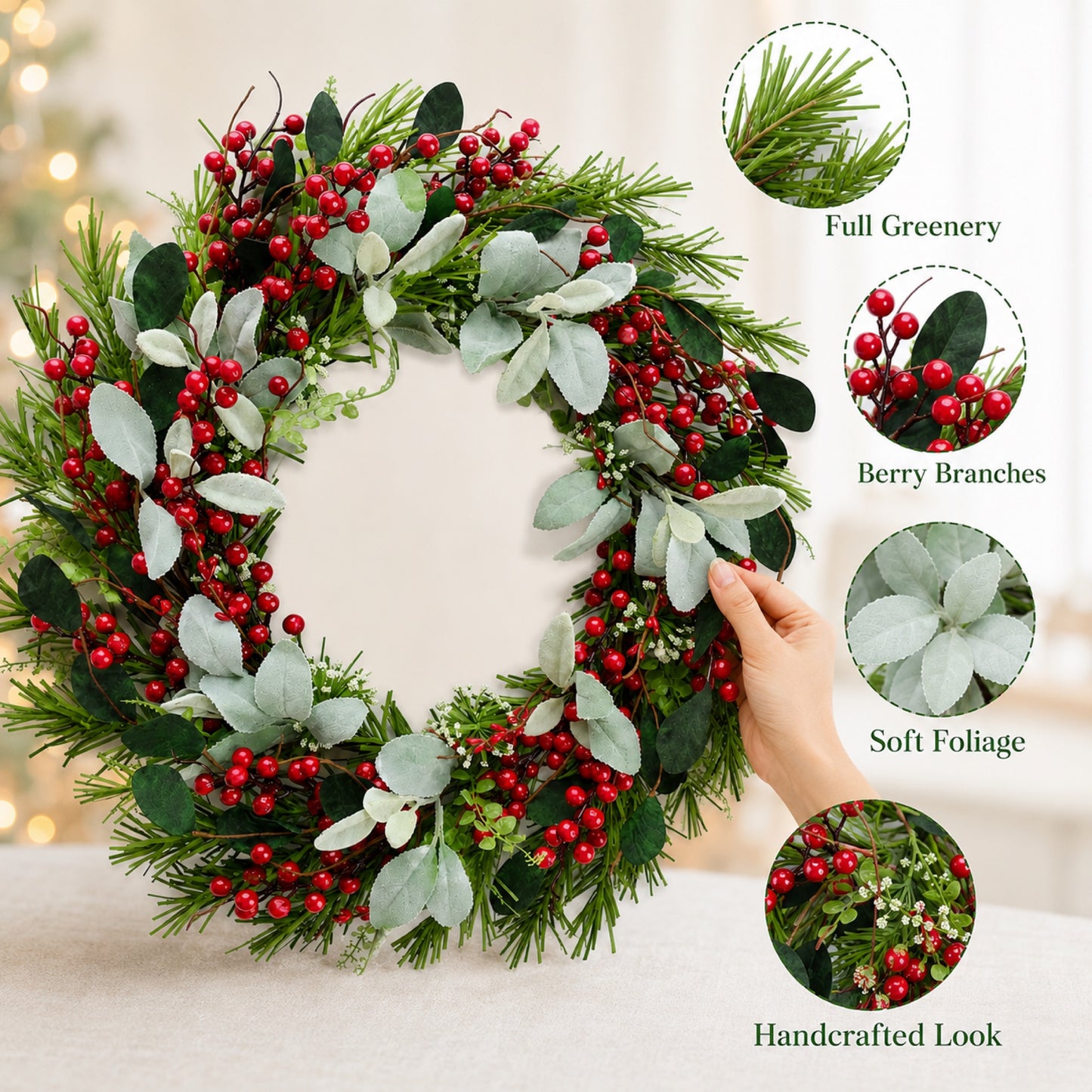 Artificial Red Berry Pine Christmas Wreath — view 5