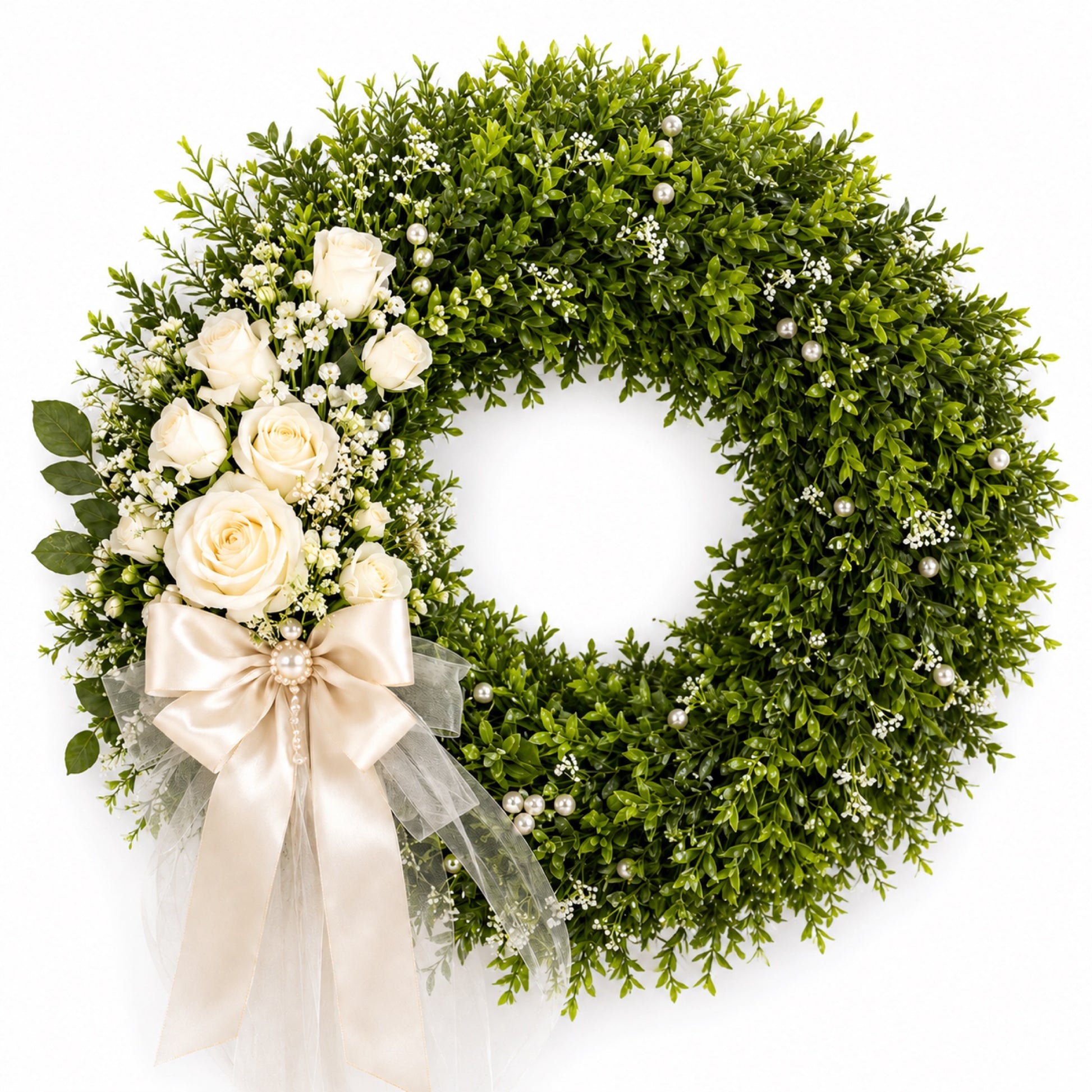 Artificial White Rose Pearl Oak Leaf Wreath — view 1