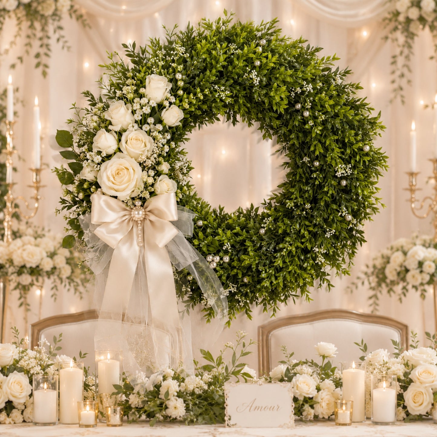 Artificial White Rose Pearl Oak Leaf Wreath — view 2