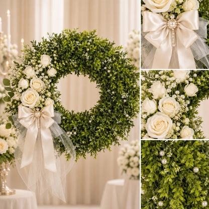 Artificial White Rose Pearl Oak Leaf Wreath — view 3