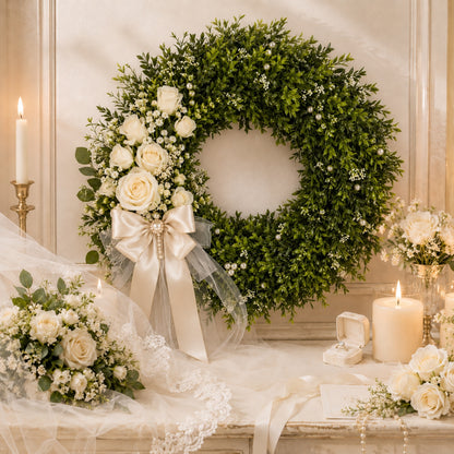 Artificial White Rose Pearl Oak Leaf Wreath — view 4