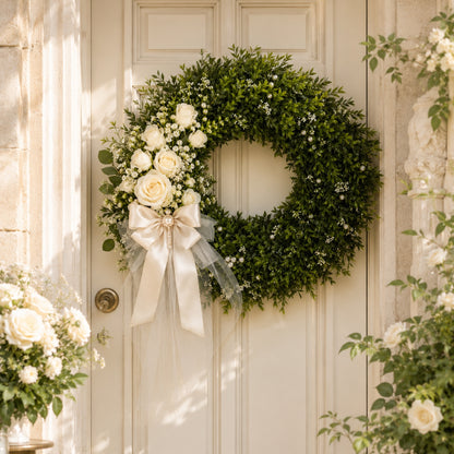 Artificial White Rose Pearl Oak Leaf Wreath — view 5