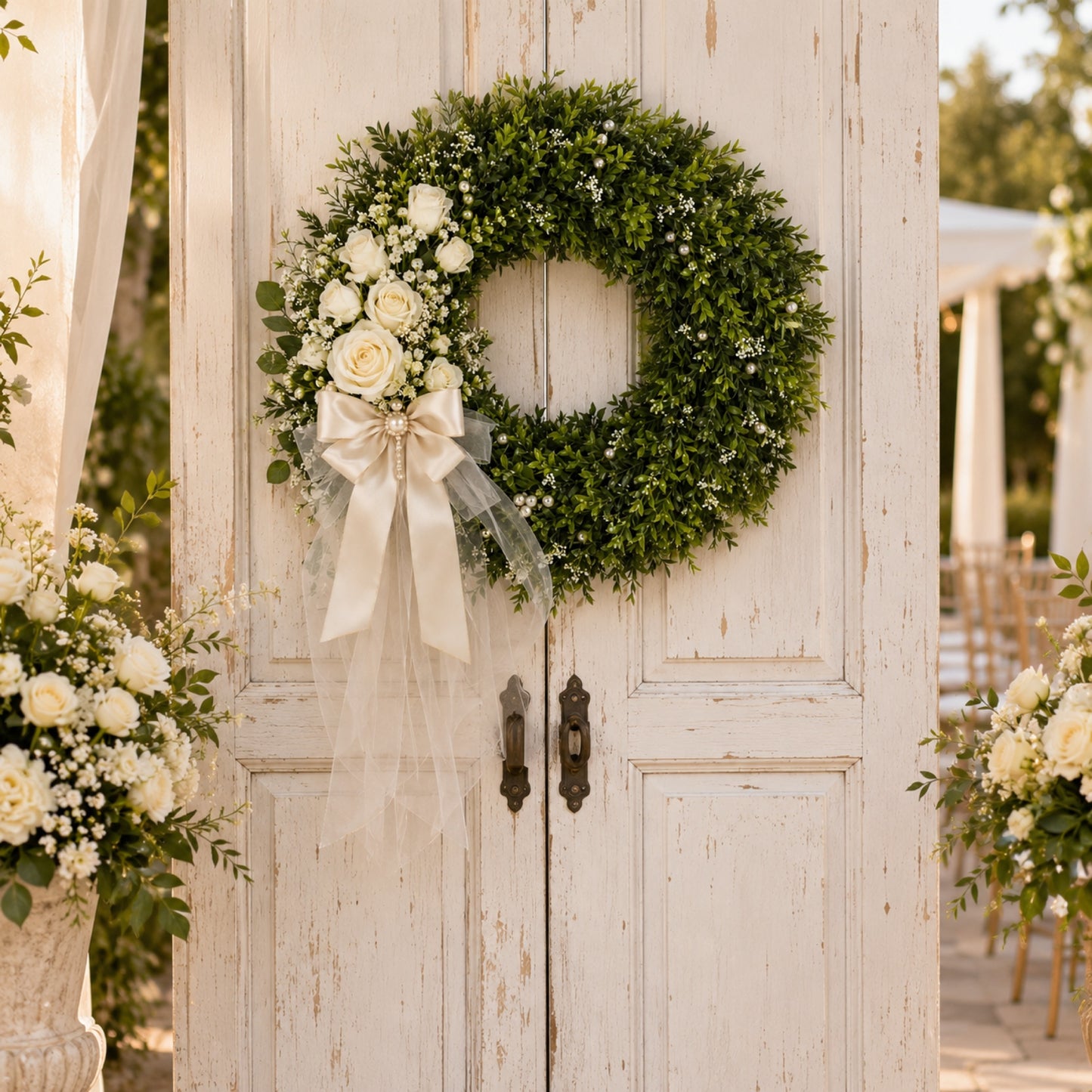 Artificial White Rose Pearl Oak Leaf Wreath — view 6