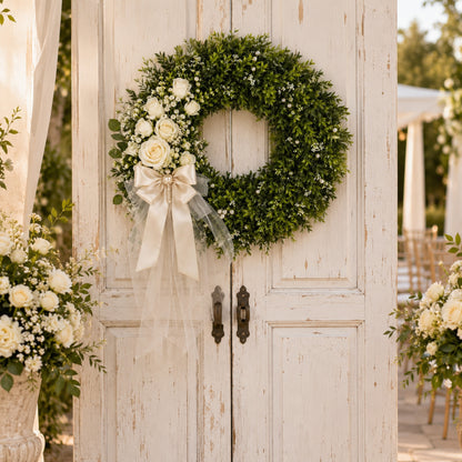 Artificial White Rose Pearl Oak Leaf Wreath — view 6
