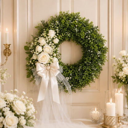 Artificial White Rose Pearl Oak Leaf Wreath — view 7