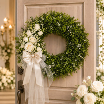 Artificial White Rose Pearl Oak Leaf Wreath — view 8