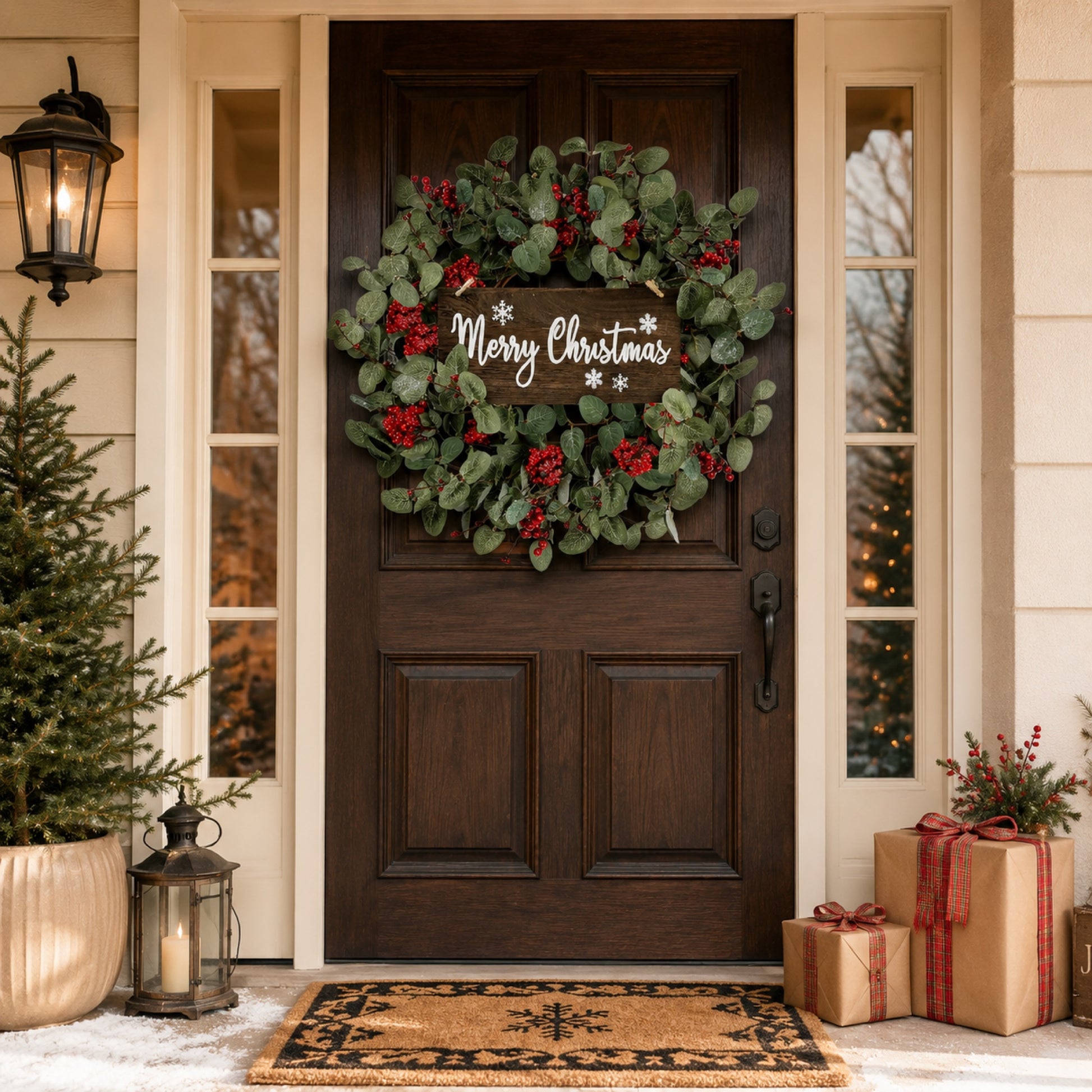 Artificial Pink Berry & Eucalyptus Christmas Wreath on front door