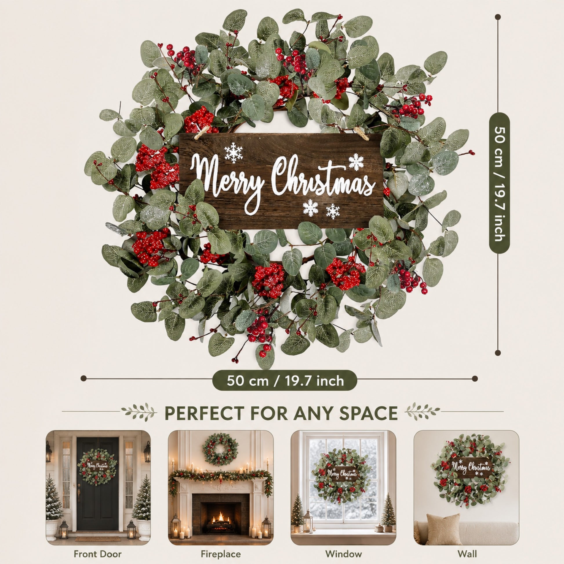 Artificial Pink Berry & Eucalyptus Christmas Wreath dimensions 50cm