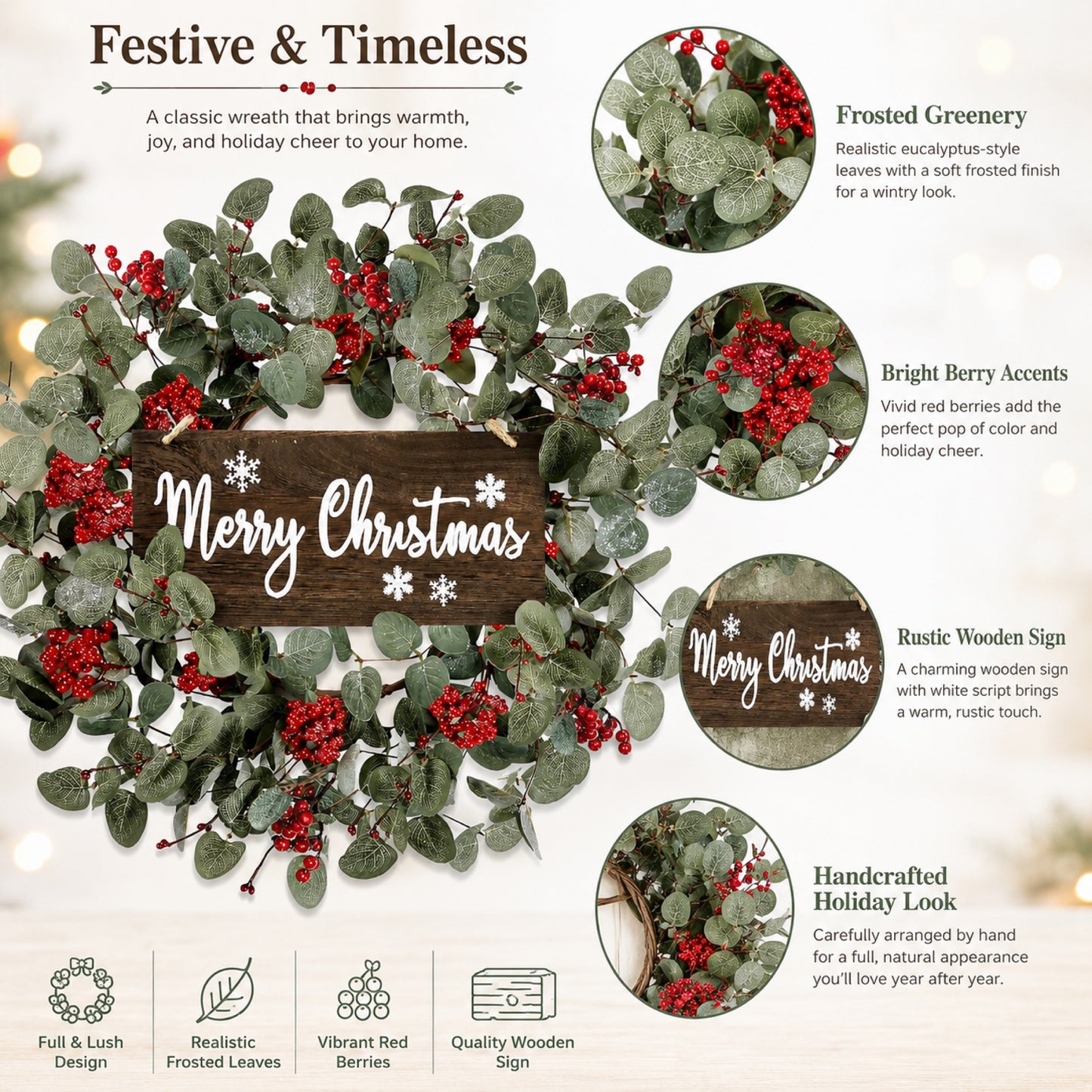 Artificial Pink Berry & Eucalyptus Christmas Wreath features