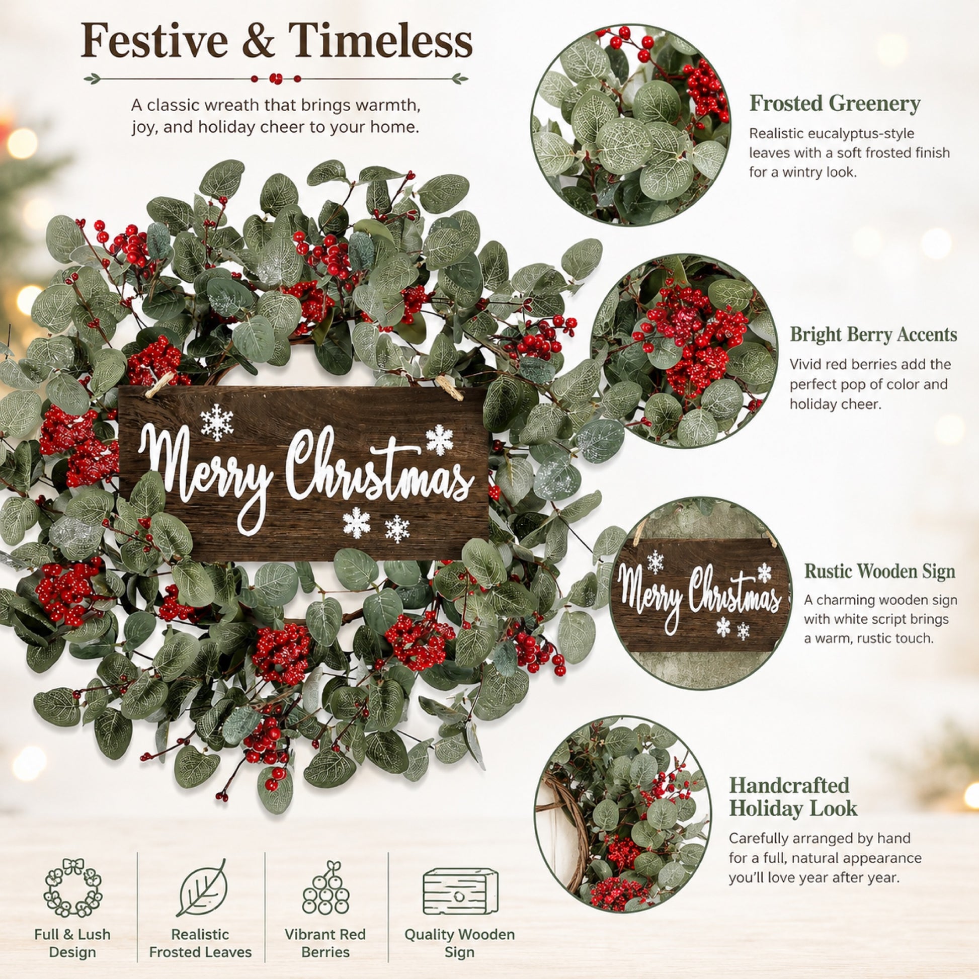 Artificial Pink Berry & Eucalyptus Christmas Wreath features