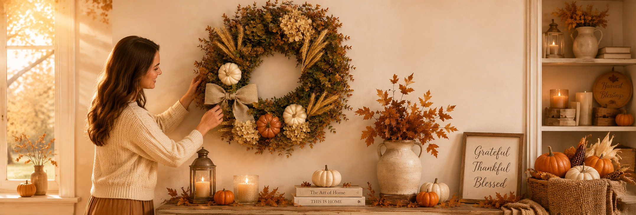 Autumn wreath styled on an indoor wall with pumpkins and warm seasonal decor